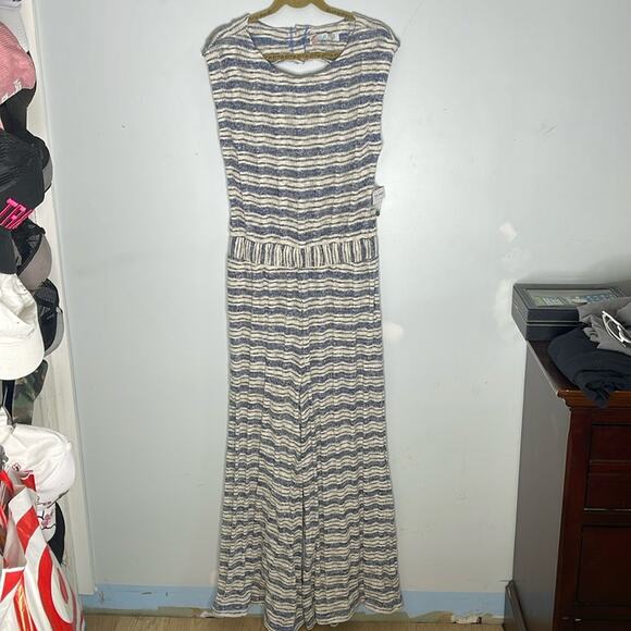 FREE PEOPLE Beach Blue and White Knit Open Back Cotton Blend Sleeveless Jumpsuit